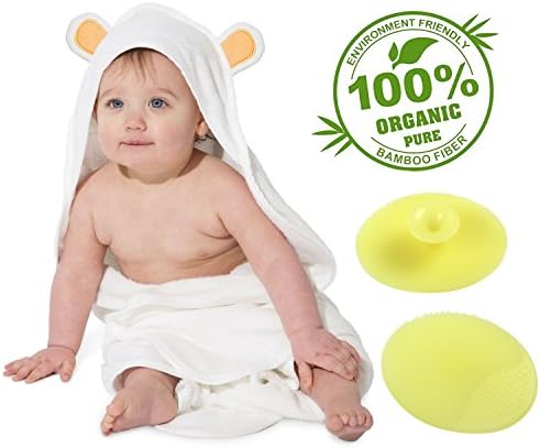 Hooded Baby Towel Organic Bamboo With Silicone Hair &amp; Scalp Brush | Hypoallergenic, Antibacterial, Comfy, Soft, Plush, Oversized 35x35'', Absorbent | For Girls, Boys, Baby Showers, Beach, Bath &amp; More