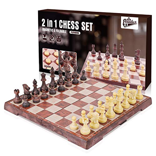 Peradix Chess Checkers Set 2 in 1, Magnetic Chess Pieces with 3 Storage Bags, Portable Travel Folding Board Game, Big Size, Educational Learning Toys for Kids Adults, Birthday