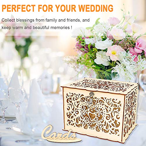 Wedding Card Box, Angela&Alex Wooden Gift Card Holder DIY Hollow Wedding Money Boxes with Lock and Card Sign Cards Hold up 300 Cards for Wedding Reception Anniversary Baby Shower Birthday Party Decora