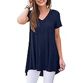 POPYOUNG Women's Long Tunic Tops to Wear with Leggings Summer Short Sleeve Loose Fit Dressy Shirts M-5XL
