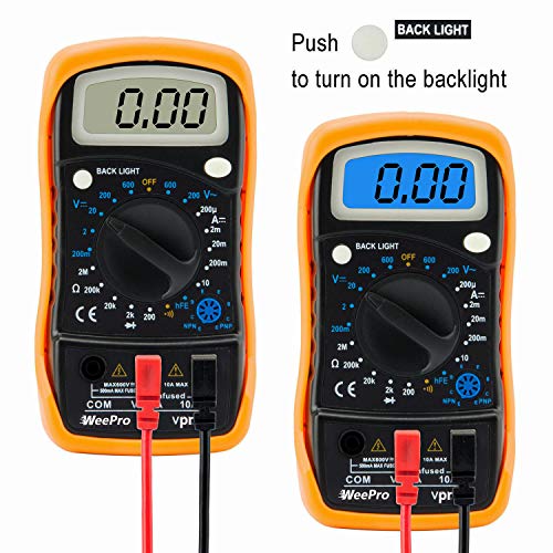 WeePro Vpro850L Digital Multimeter DC AC Voltmeter, Ohm Volt Amp Test Meter, Electric Tester Ohmmeter with Diode and Continuity Detector, Backlit Display and Insulated Rubber Case Kickstand