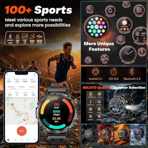 GPS Smartwatch Men's Watch with Calls: 1.46 Inches Large Round Screen Military Smart Watch Fitness Sport Compass Flashlight Heart Rate Monitor Pressure Sleep Waterproof Health Watches for Android iOS