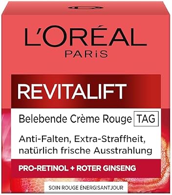 L'Oréal Paris Créme Rouge Tagespflege für Frauen: bekämpft sichtbare Anzeichen von Müdigkeit & strafft & mildert Falten mit rotem Giseng aus Soja-Proteinen & Hefe-Extrakt, Revitalift, 1x 50ml