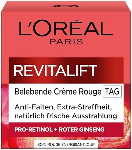 L'Oréal Paris Créme Rouge Tagespflege für Frauen: bekämpft sichtbare Anzeichen von Müdigkeit & strafft & mildert Falten mit rotem Giseng aus Soja-Proteinen & Hefe-Extrakt, Revitalift, 1x 50ml