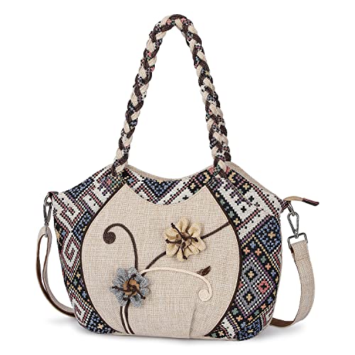 Boho Ethnic Hobo Crossbody Purse-Women's Canvas Tote Bag with Adjustable Long Shoulder Strap Shoulder Bag. Vintage Embroidered Flower Large Capacity Dumpling Bag For Women & Girls