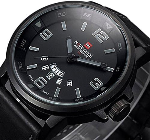 TOPMARGO Brown genuine Leather Band quartz watch men male calender 30M waterproof wristwatches (Black)
