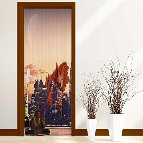 lihousehold 3D Door Wall Mural Wallpaper Stickers-2 Pcs Door Self-adhesive PVC Removable Waterproof Art Door Decals 30x79 inch(Anima Cartoon like City with a Big Laser Eyed Cute Squi)