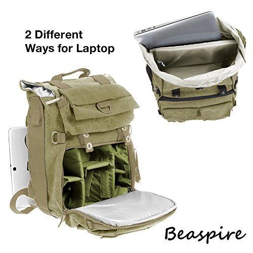 Beaspire 14-inch Laptop Camera Backpack Professional Hiking and Travel Bag with Dividers Laptop Compatible with DSLR Sony Canon Nikon Olympus Cameras Lens and Accessories fit Men and Women(Khaki)