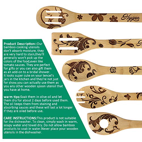 Carving Flower Spoons - Organic Wooden Bamboo Cooking & Serving Utensils - Kitchen Utensils Set Cooking Tool Set - Cooking Spatula And Spoons 5 Piece Set Wooden Spoons House Warming Presents
