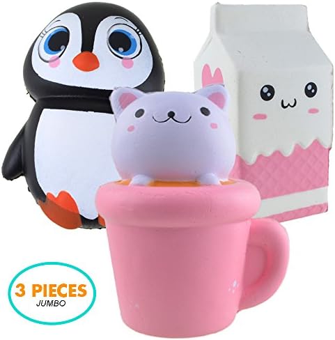 Jumbo Squishy Toy, Slow Rising Kawaii Penguin + Cat Toy + Milk Cup Decompression Squeeze Toys for Collection Gift, decorative props Large or Stress Relief, 3 Pack( Colour Random)