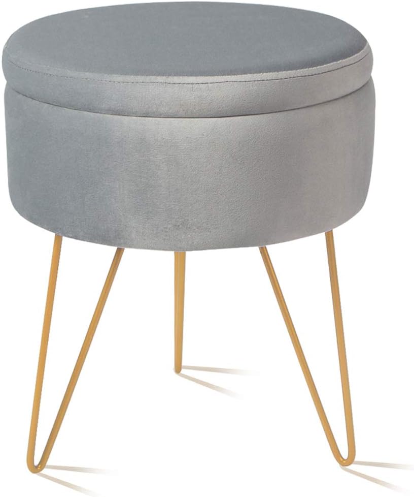 Amazon Com Elnsivo Velvet Storage Makeup Vanity Stool Footrest Ottoman Dressing Upholstered Vanity Chair Round Metal Vanity Stool For Home Living Room Bedroom Gray Furniture Decor