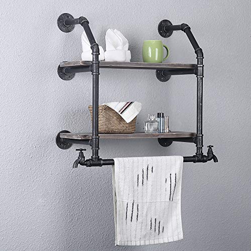 Industrial Bathroom Shelves Wall Mounted 2 Tiered,Rustic Pipe Shelf with Towel Rack Bathroom Shelf Over Toilet,24in Iron Pipe Shelving with Towel Bar,Farmhouse Wood Shelves Metal Floating Shelves