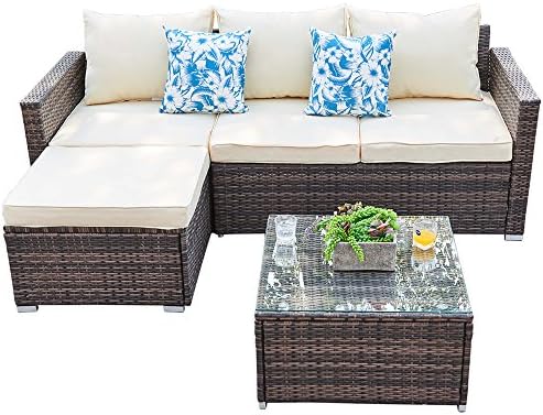 Outdoor Patio Furniture Set - 3 Piece All Weather Wicker  Rattan Sectional Set, Beige Cushions, 2 Throw Pillows (2018 New, Brown)