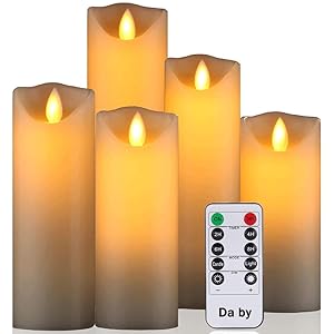 Da by Flameless Candle 5" 6" 7" 8" 9" Set of 5 Realistic Dancing LED Flickering Wick for Parties,Home,Public Elegant Events, Battery Powered, 10-Key Remote Control, Ivory Color