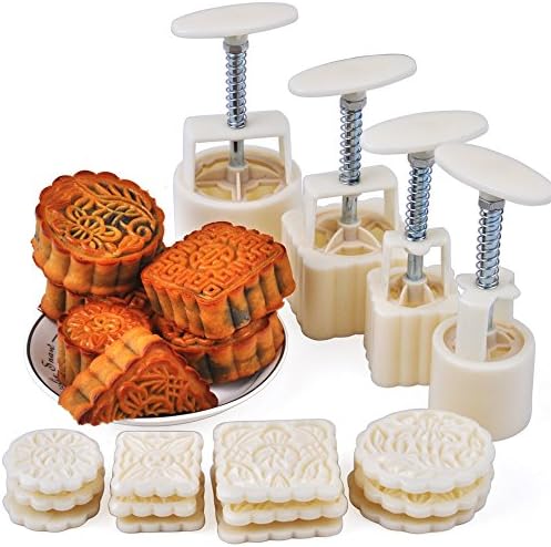 4 Sets Party Moon Cake Mold - 12 PCS - Mid Autumn Festival DIY Decoration Press - 50g/100g - White