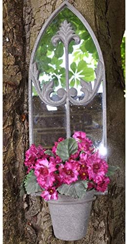 HENSITAShabby Chic Style Wall Mounted Gothic Arch Garden Mirror with Pot Planter Washed Grey