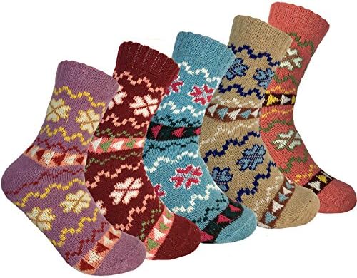 5 Pairs Women Girl Cute Flower Printed Warm Winter Knitting Crew Socks Colorful Wool Cozy Thick Sock
