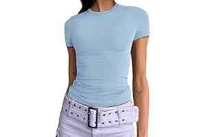 Dwnval Womens Sexy Basic T Shirts Summer Short Sleeve Crewneck Slim Fit Cute Crop Tops