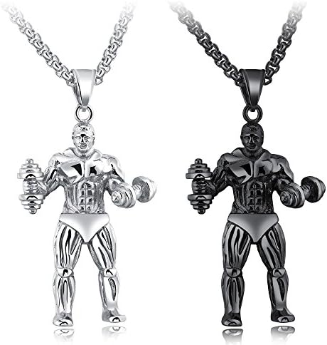 Stainless Steel Muscle Men Bodybuilder Dumbbell Barbell Weight Lifting Fitness Gym Pendant Necklace Gift Jewelry (Black)