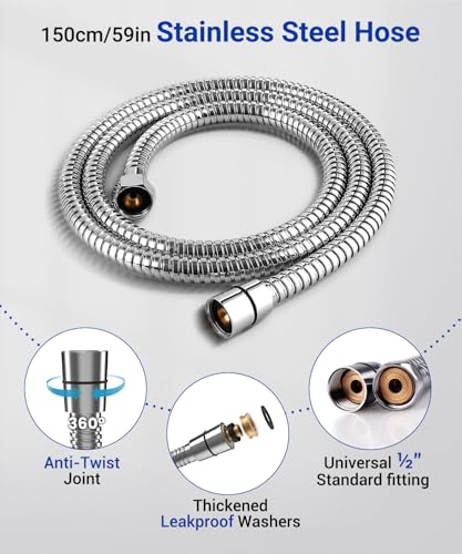 Newentor Shower Head and Hose[TESTSIEGER], High Pressure Shower Head with 6 Modes, Universal Water Saving Large Showerhead with 1.5M Hose, Silver
