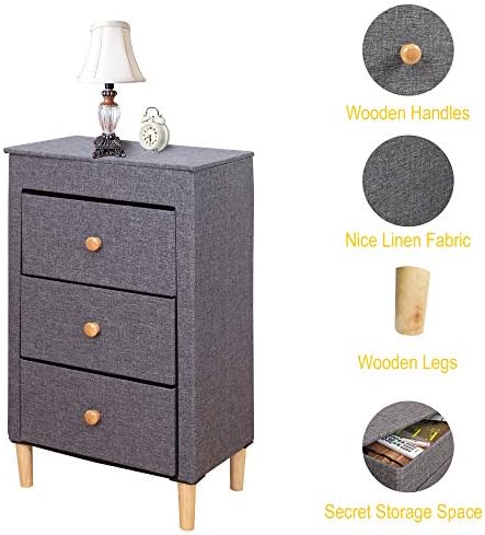 ITIDY 3-Drawer-Dresser,Premium Linen Fabric Nightstand,Bedside Table,End Table,Storage Drawer Chest for Nursery,Closet,Bedroom and Bathroom,Storage Drawer Unit,Gray