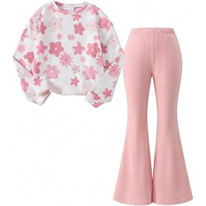 FJLSJSW Size 6-14 Years Teen Girls Clothes Long Sleeve Floral Sweatshirt+ Flare Pants Set Girls 2 Piece Outfits
