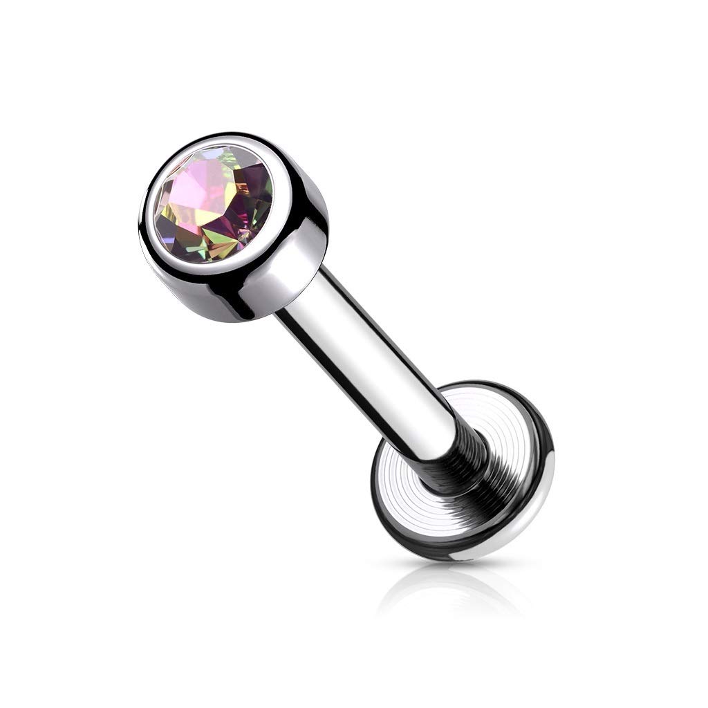 PiercedOff Titanium Labret with Internally Threaded Bezel Set Round Vitrail Medium CZ Gem - Thickness 16GA (1.2mm) / Length 8mm / Ball Size 3mm