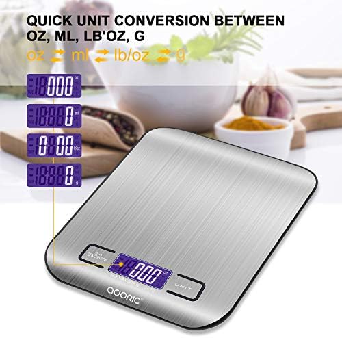 ADORIC Balance Cuisine Electronique Balance de Précision - Balance numérique de Cuisine de Haute Précision, 5kg/1g, Acier Inoxydable Tactile Sensible Écran LCD Rétroéclairé Auto-arrêt - Cuisine A Vivre ADORIC Balance Cuisine Electronique Balance de Précision - Balance numérique de Cuisine de Haute Précision, 5kg/1g, Acier Inoxydable Tactile Sensible Écran LCD Rétroéclairé Auto-arrêt