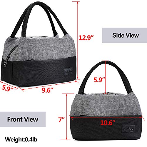 AmHoo Insulated Lunch Bag for Women Reusable Lunch Tote Cooler Bag Handbag - Double YKK Zippers - Newest Waterproof 600D linen polyester for Adults Kids Students (Grey&Black) - Thumbnail 4