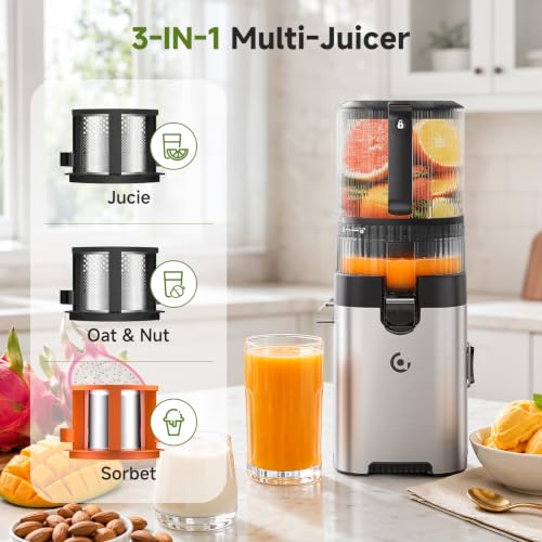 AMZCHEF Juice Extractor, Slow Juicer with XL Opening of 158MM, Capacity of 2.5L, Cold Pressed Blender for Whole Fruits and Vegetables, Stainless Body, Easy Assembly and Cleaning, Silver/Black | Capacidad de 2,5L, Licuadora Prensado en Frío para Frutas y Verduras Enteras, Cuerpo Inoxidable, Fácil Montaje y Limpieza