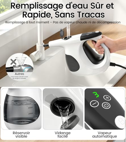 JBER Nettoyeur Vapeur Portable, Chauffage Instantané en 3 Secondes, 400ML | 110℃ Nettoyeur Vapeur à Main pour un Nettoyage Efficace, 1200W Steam Cleaner pour Cuisine, Fenêtre, Salle de Bain et Voiture
