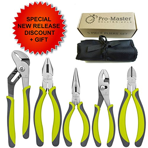 Pliers Set - 5 Pc Multiple Plier Kit - FREE Handy Tool Roll Organizer - Slip Joint, Diagonal Cutting, Long Nose, Lineman, Groove Joint - Confort, Rubberized, Anti-Slip Grips - Lifetime MB and Warranty