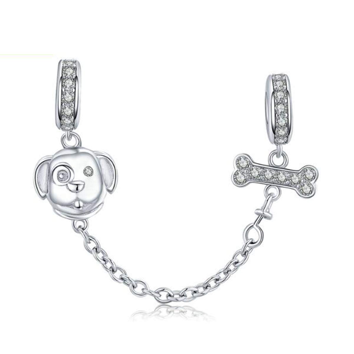 YASHUO Jewellery Heart Safety Chain for Charm Bracelet Sterling Silver Spacer Charm Stopper Bead Charm For Womens Charm Bracelets (Lovely Dog and Bone Safety Chain Charm)