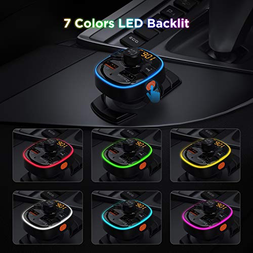 Wireless Bluetooth 5.0 Audio Adapter and Receiver,FM Transmitter for Car with Dual USB QC 3.0 Fast Charge,7 Color LED Backlit,Support USB Flash Drive/TF Card and Hands Free Calling