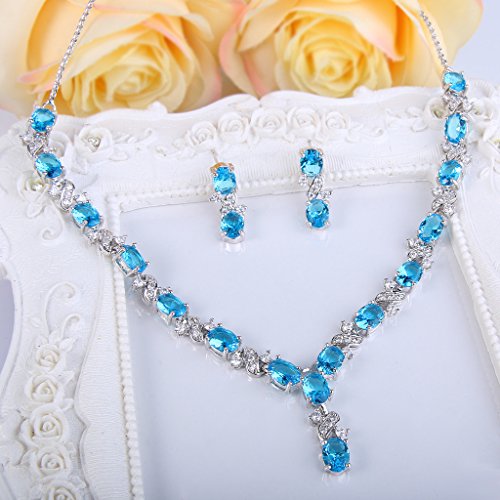 EleQueen Women's Silver-tone Cubic Zirconia Oval Shape Leaf Necklace Earrings Set For Brides And Weddings Sky Blue