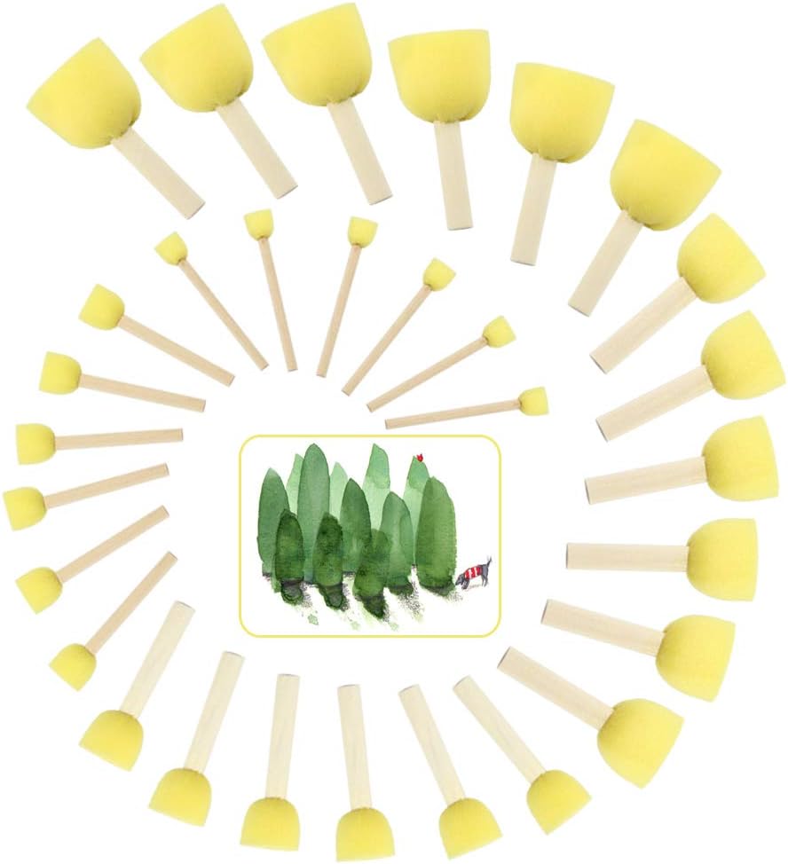 EMAGEREN 30 Pcs Sponge Paint Brush 5 Sizes Round Foam Sponge Painting Brushes Set Stencil Brush Sponge Paint Stencil Tool with Wooden Handle for Kids Arts and Crafts DIY Painting Tools