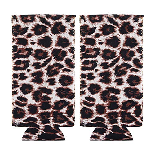 DIFENLUN 2 Pack Neoprene Slim Can Coolers, Collapsible Can Sleeves Beer Can Coolies Covers for 12oz Slim Drink Beer Cans(Leopard)