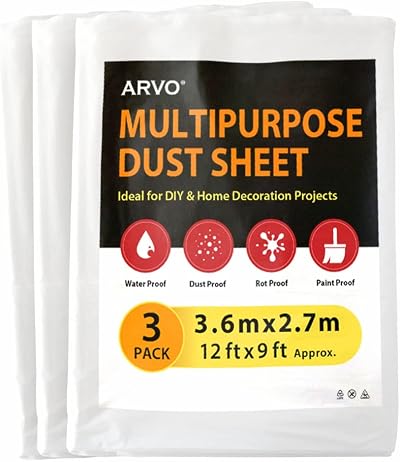 ARVO 3 Pack Extra Large Plastic Dust Sheets 12ft x 9ft 3.6m x 2.75m Waterproof