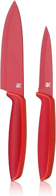 Touch Messerset 2-teilig – scharfes Küchenmesser-Set aus Spezialklingenstahl, antihaftbeschichtet und ergonomisch geformt, mit Schutzhüllen, bestehend aus Kochmesser und Gemüsemesser, rot