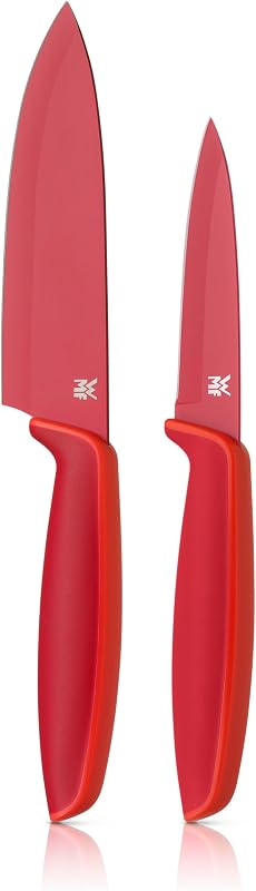 Touch Messerset 2-teilig – scharfes Küchenmesser-Set aus Spezialklingenstahl, antihaftbeschichtet und ergonomisch geformt, mit Schutzhüllen, bestehend aus Kochmesser und Gemüsemesser, rot