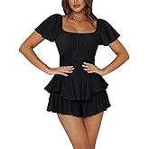 Rooscier Women's Jumpsuit Short Sleeve Ruffle Layer Square Neck Tie Mini Short Rompers