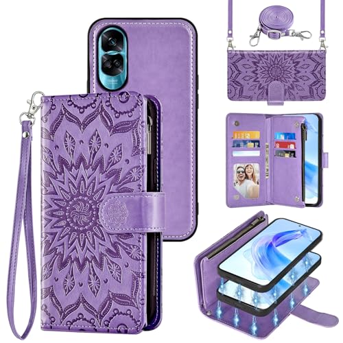 Asuwish Phone Case for Honor 90 Lite 5G Zipper Wallet Magnetic Detachable Cell Cover with Screen Protector Crossbody Lanyard Strap Flower Flip Card Holder Slot Honor90 90Lite CRT-NX1 Women Purple