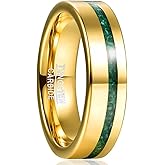 NUNCAD Men's 6mm 14K Gold Plated Tungsten Wedding Bands with Crushed Green Created-Opal/Malachite Inlaid High Polished Finish Size 6-12
