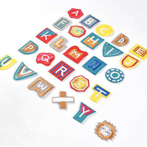 26pcs Geometry Letter Iron on Patches, DIY Name Sew on Appliques Embroidered A-Z Letters Patch for Clothes Dress Plant Hat Jeans Flowers Applique Accessory