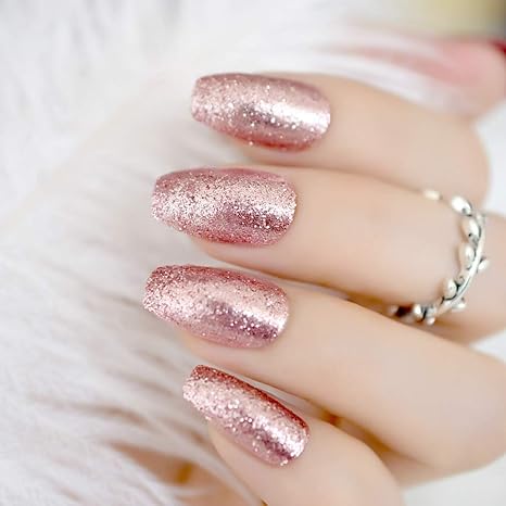 Echiq Shiny Rose Gold Fake False Nails Coffin Ballerina Nail Tips