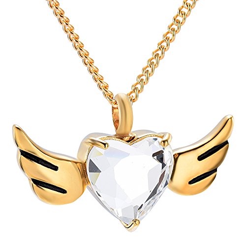 Angel Wings Heart Birthstone Memorial Cremation Urn Necklace for Ashes Keepsake Jewelry+Fill Kit (Gold and Clear)