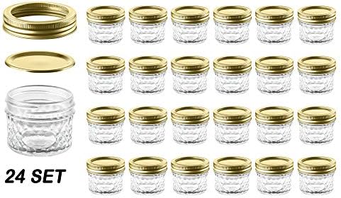 Nellam Quilted Glass Jars with Lids - 4 OZ Wide Mouth Crystal Jelly Glasses, Set of 24 Gold, for Canning, Preserving Food - each Mini Mason Jar is Freezer, Microwave, and Oven Proof