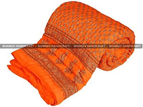 BHAIRAV HANDICRAFT Indian Floral Lotus Quilt Handmade, Designer RAJAI (RAZAI),100% Cotton, Exotic Colors (Orange, Twin)