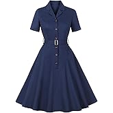 ODIZLI Women's 1950s Retro Dress Short Sleeve Notched Lapel Ruffle Swing Dress with Belt Cocktail Dress
