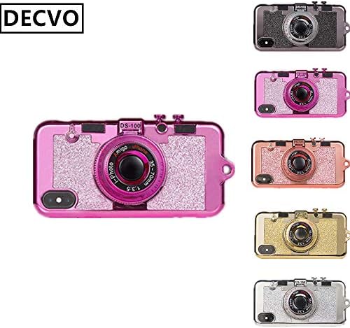 DECVO iPhone Xs Max case, New Modern 3D Cool Vintage Style Bling Camera Design Soft Case PC + Silicone Cover with A Mirror & Long Strap Rope for 6.5" Apple iPhone Xs Max for Women (Rose)